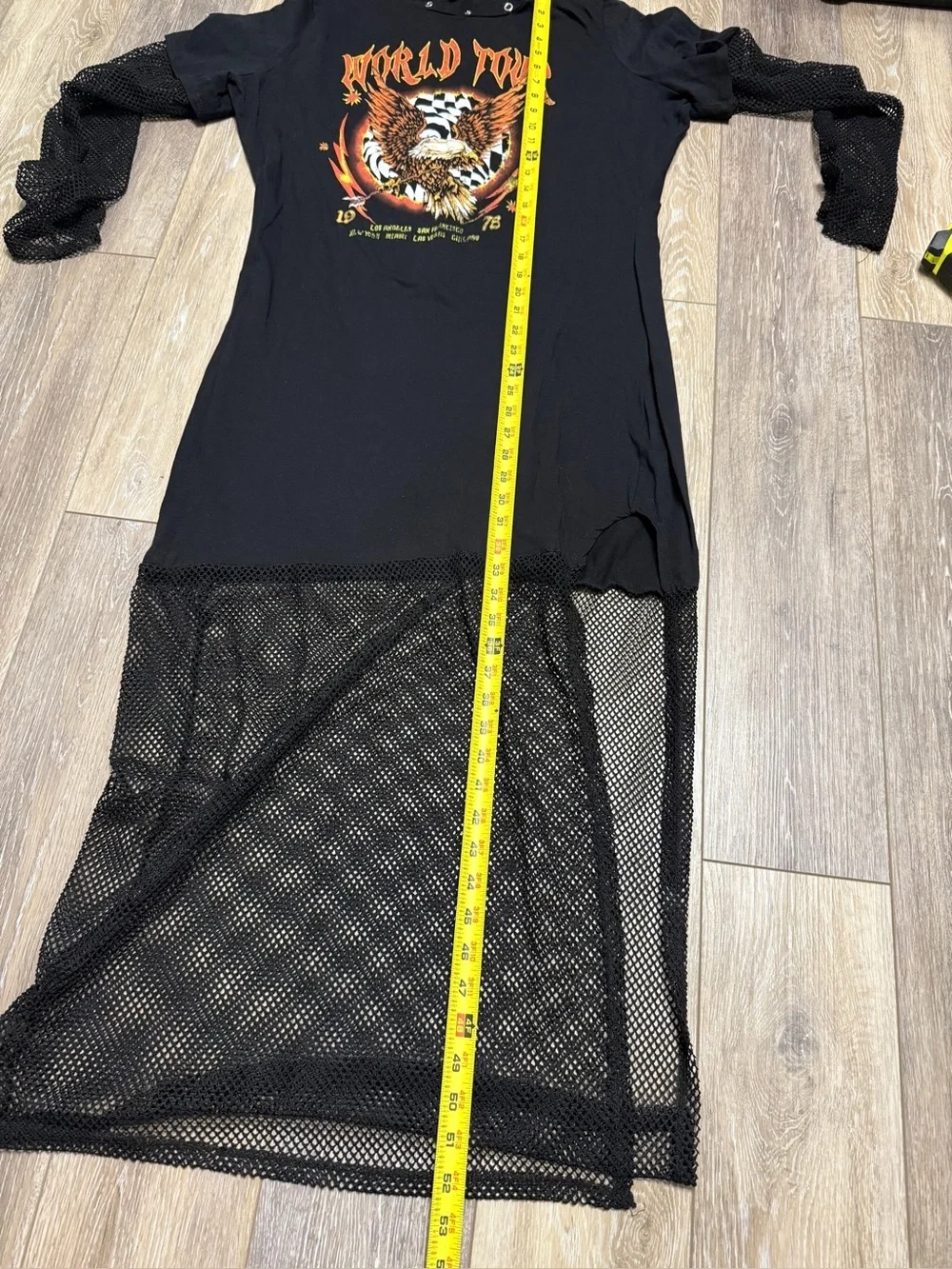Fashion Nova Word Tour 1978 Black Maxi Dress with Gold and Orange Eagle Graphic